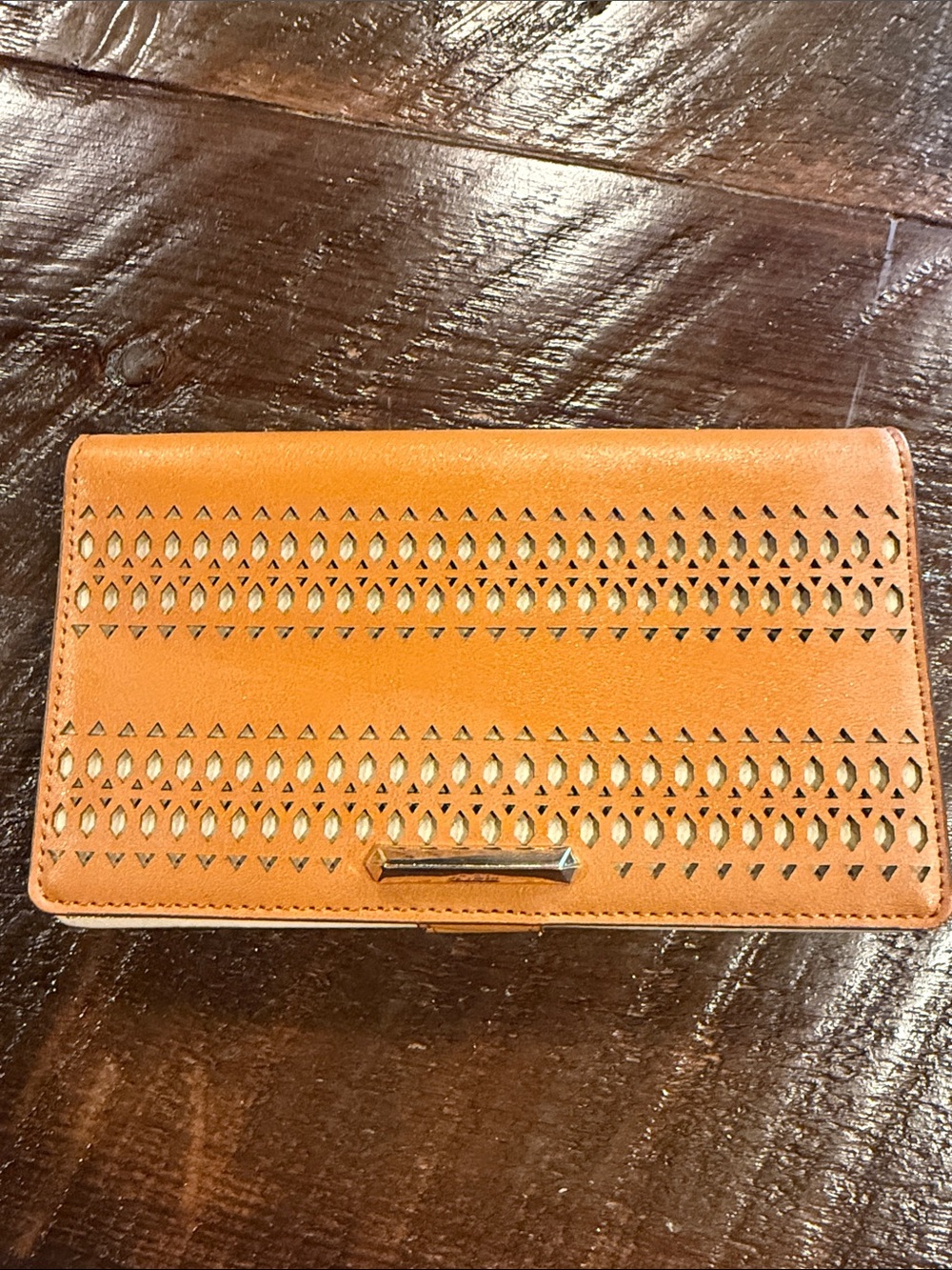 Stella & Dot Orange Perforated Leather Wallet Clutch with Metal Bar
